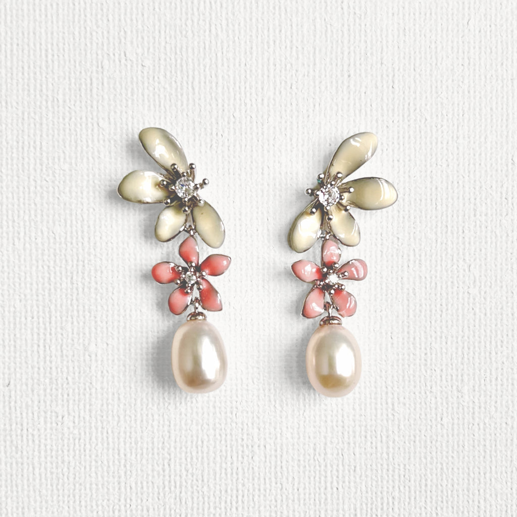Natural Pearl Large Flower Enamel Drip Stud Earrings featuring natural pearl and white gold-plated brass, gold-plated brass, silver ear pins, enamel by Toronto-based Meng Jewellery
