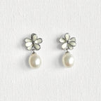 Natural Pearl Minimal Flower Enamel Drip Stud Earrings featuring natural pearl and gold-plated brass, silver ear pins, enamel by Toronto-based Meng Jewellery