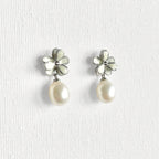 Natural Pearl Minimal Flower Enamel Drip Stud Earrings featuring natural pearl and gold-plated brass, silver ear pins, enamel by Toronto-based Meng Jewellery