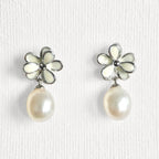 Natural Pearl Minimal Flower Enamel Drip Stud Earrings featuring natural pearl and gold-plated brass, silver ear pins, enamel by Toronto-based Meng Jewellery