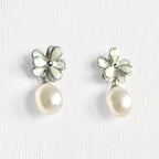 Natural Pearl Minimal Flower Enamel Drip Stud Earrings featuring natural pearl and gold-plated brass, silver ear pins, enamel by Toronto-based Meng Jewellery