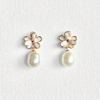 Natural Pearl Minimal Flower Enamel Drip Stud Earrings featuring natural pearl and gold-plated brass, silver ear pins, enamel by Toronto-based Meng Jewellery