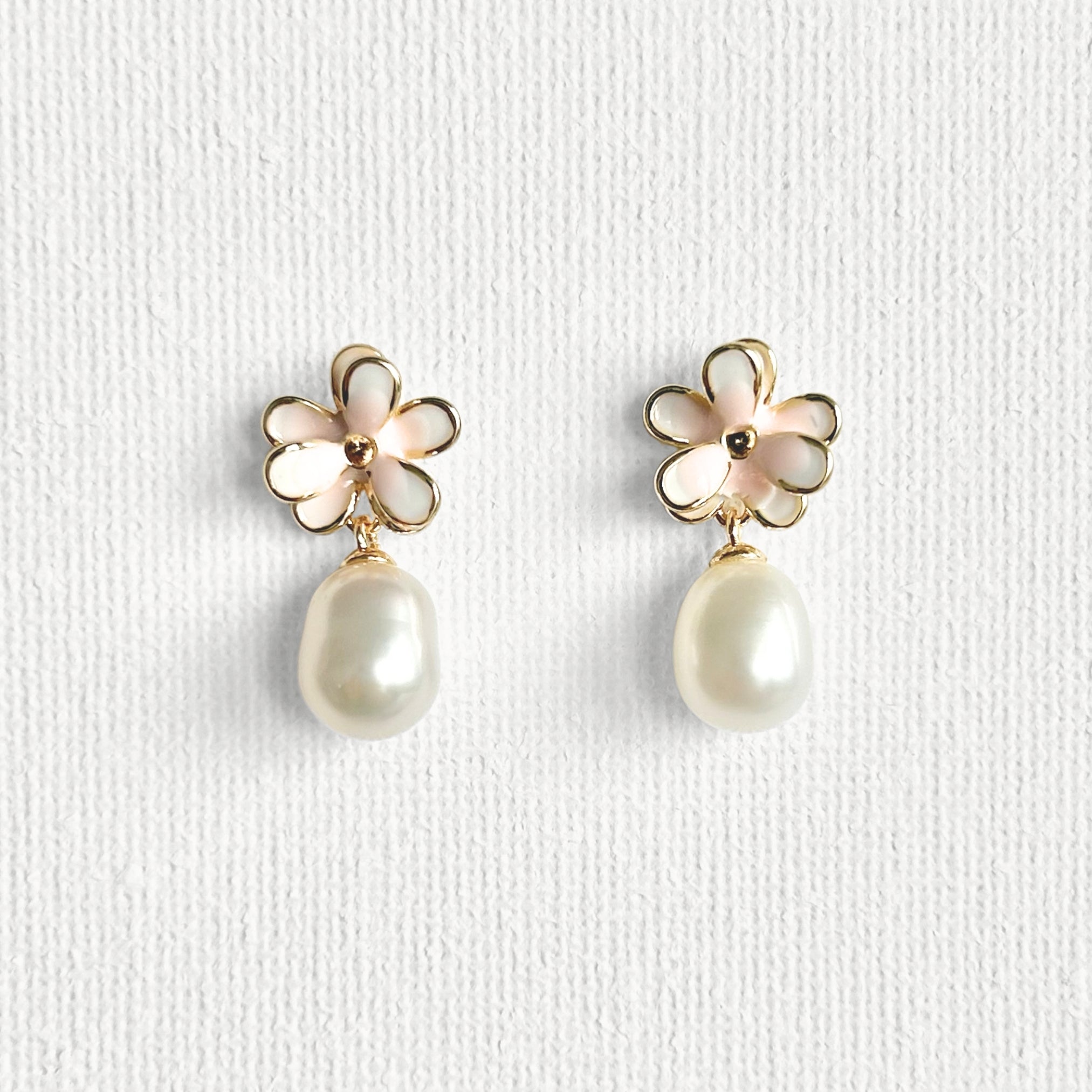 Natural Pearl Minimal Flower Enamel Drip Stud Earrings featuring natural pearl and gold-plated brass, silver ear pins, enamel by Toronto-based Meng Jewellery