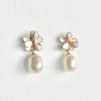 Natural Pearl Minimal Flower Enamel Drip Stud Earrings featuring natural pearl and gold-plated brass, silver ear pins, enamel by Toronto-based Meng Jewellery