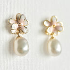 Natural Pearl Minimal Flower Enamel Drip Stud Earrings featuring natural pearl and gold-plated brass, silver ear pins, enamel by Toronto-based Meng Jewellery
