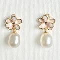 Natural Pearl Minimal Flower Enamel Drip Stud Earrings featuring natural pearl and gold-plated brass, silver ear pins, enamel by Toronto-based Meng Jewellery