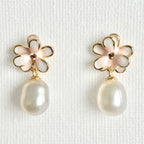 Natural Pearl Minimal Flower Enamel Drip Stud Earrings featuring natural pearl and gold-plated brass, silver ear pins, enamel by Toronto-based Meng Jewellery