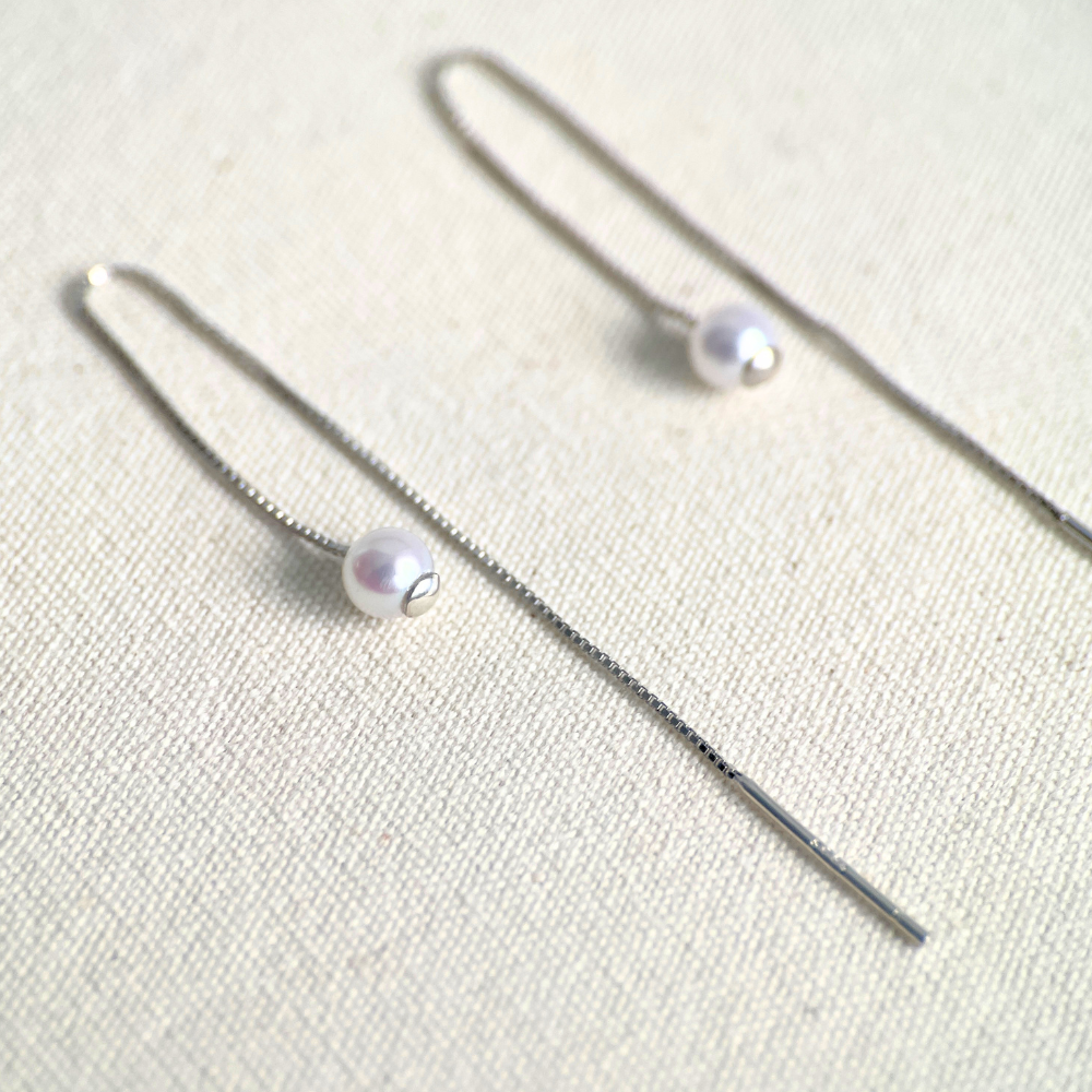 Natural White Pearl Threader Earrings in Sterling Silver featuring natural freshwater pearl and 925 sterling silver by Toronto-based Meng Jewellery