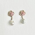Natural Pearl Rose Flower Earrings featuring natural pearl and gold-plated brass, silver ear pins by Toronto-based Meng Jewellery