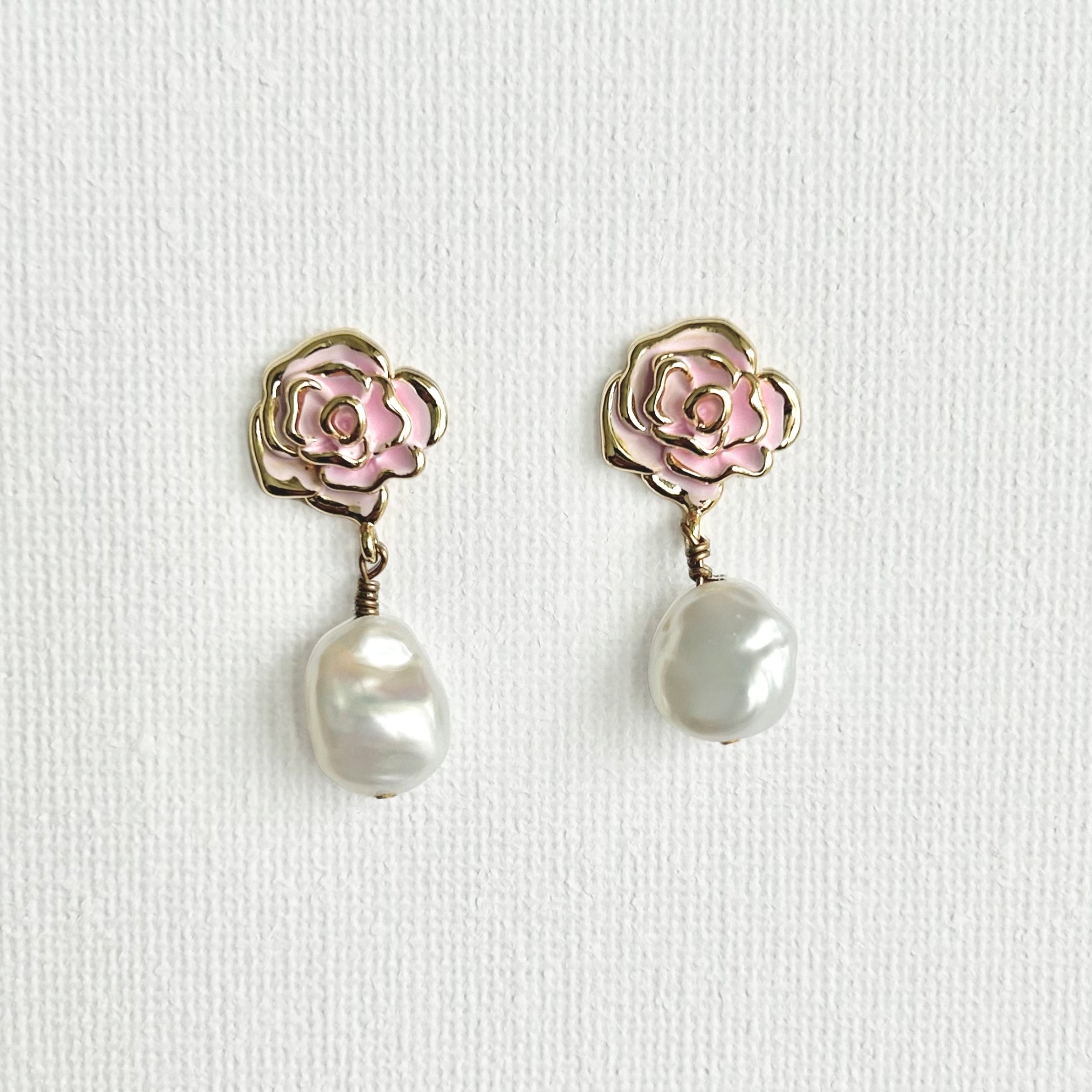 Natural Pearl Rose Flower Earrings featuring natural pearl and gold-plated brass, silver ear pins by Toronto-based Meng Jewellery