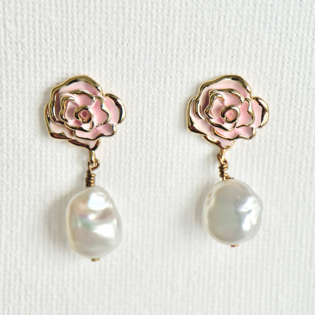 Natural Pearl Rose Flower Earrings featuring natural pearl and gold-plated brass, silver ear pins by Toronto-based Meng Jewellery