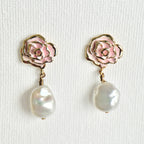 Natural Pearl Rose Flower Earrings featuring natural pearl and gold-plated brass, silver ear pins by Toronto-based Meng Jewellery