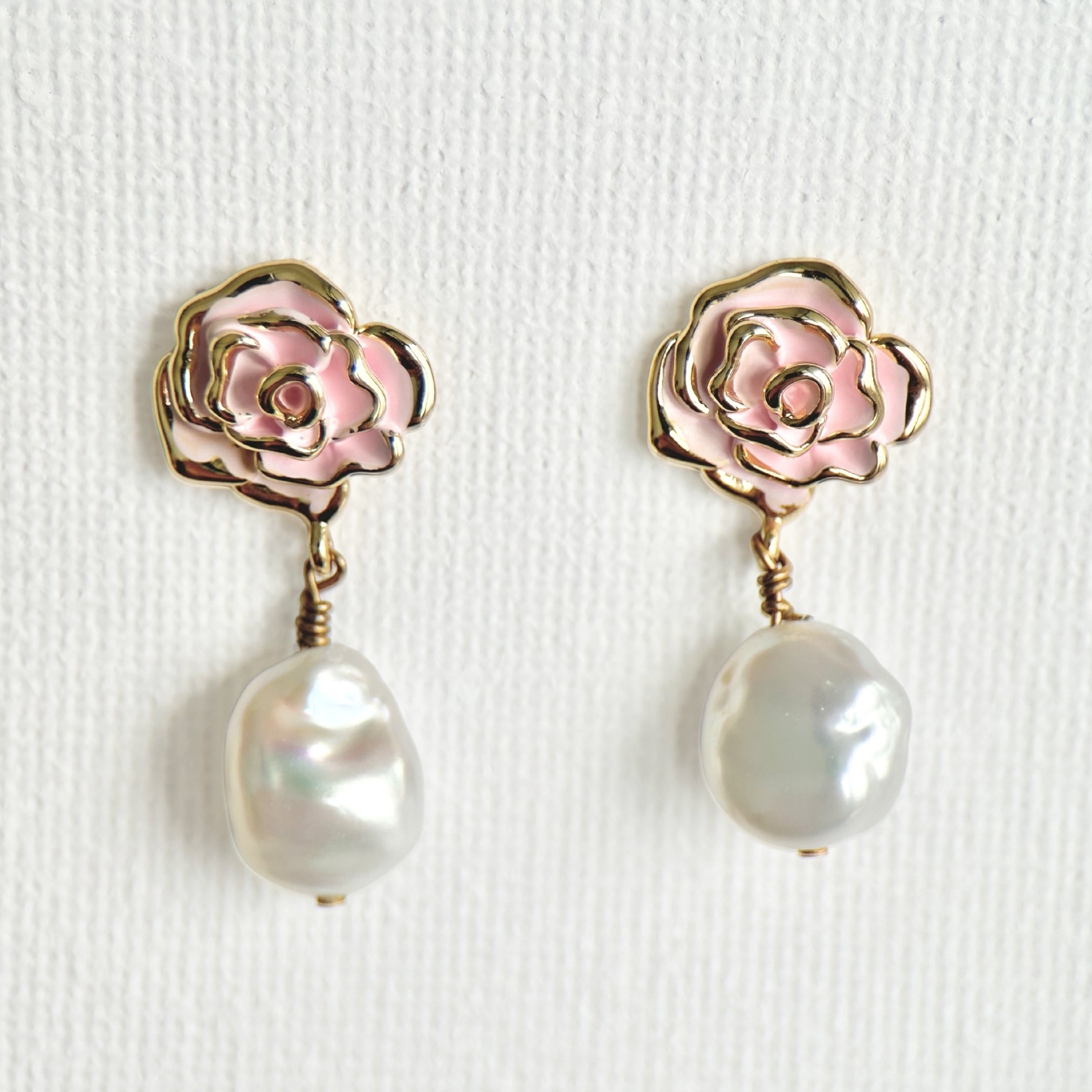 Natural Pearl Rose Flower Earrings featuring natural pearl and gold-plated brass, silver ear pins by Toronto-based Meng Jewellery