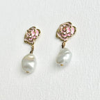 Natural Pearl Rose Flower Earrings featuring natural pearl and gold-plated brass, silver ear pins by Toronto-based Meng Jewellery