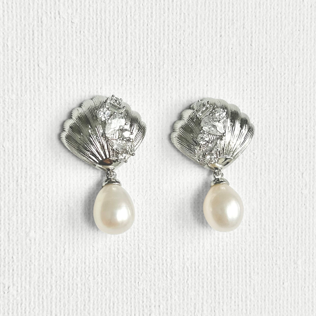 Natural Pearl Shell Square Zircon Stud Earrings featuring natural pearl, zircon and gold-plated brass, silver ear pins by Toronto-based Meng Jewellery