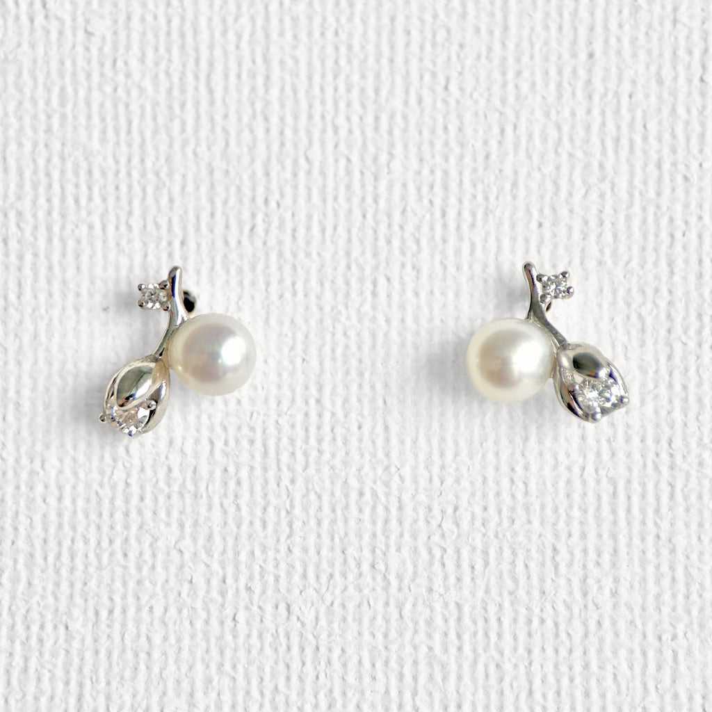 Natural Pearl Sterling Silver Rose Flower Stud Earrings featuring natural pearl and 925 sterling silver by Toronto-based Meng Jewellery