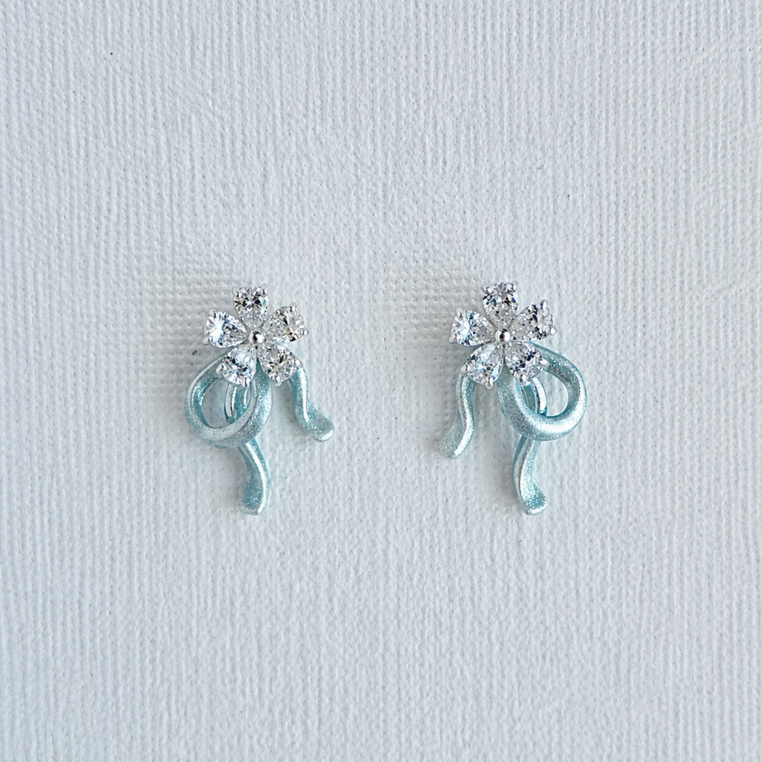 Ice Blue Zircon Flower Ribbon Earrings