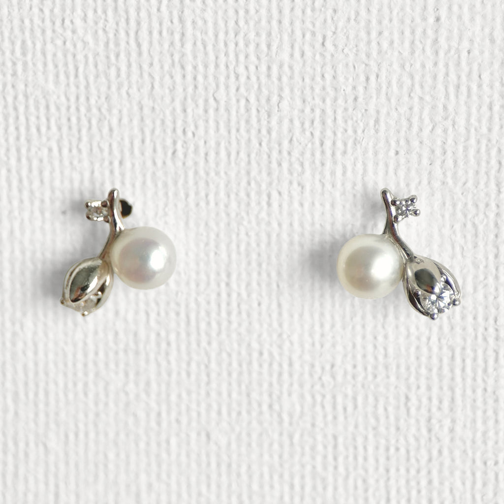 Natural Pearl Sterling Silver Rose Flower Stud Earrings featuring natural pearl and 925 sterling silver by Toronto-based Meng Jewellery
