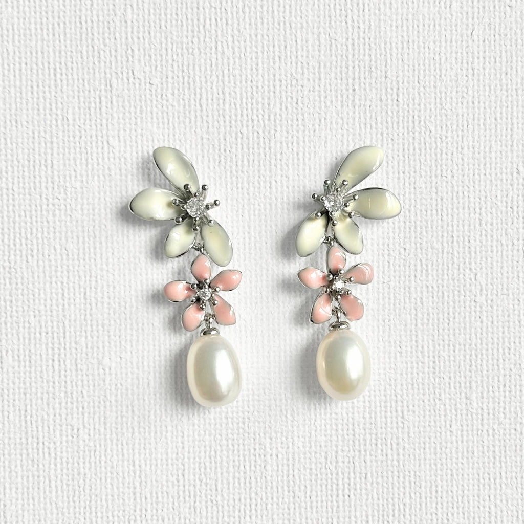 Natural Pearl Large Flower Enamel Drip Stud Earrings