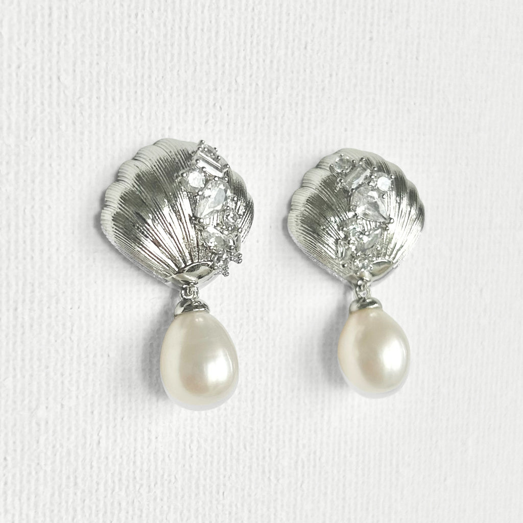 Natural Pearl Shell Square Zircon Stud Earrings featuring natural pearl, zircon and gold-plated brass, silver ear pins by Toronto-based Meng Jewellery