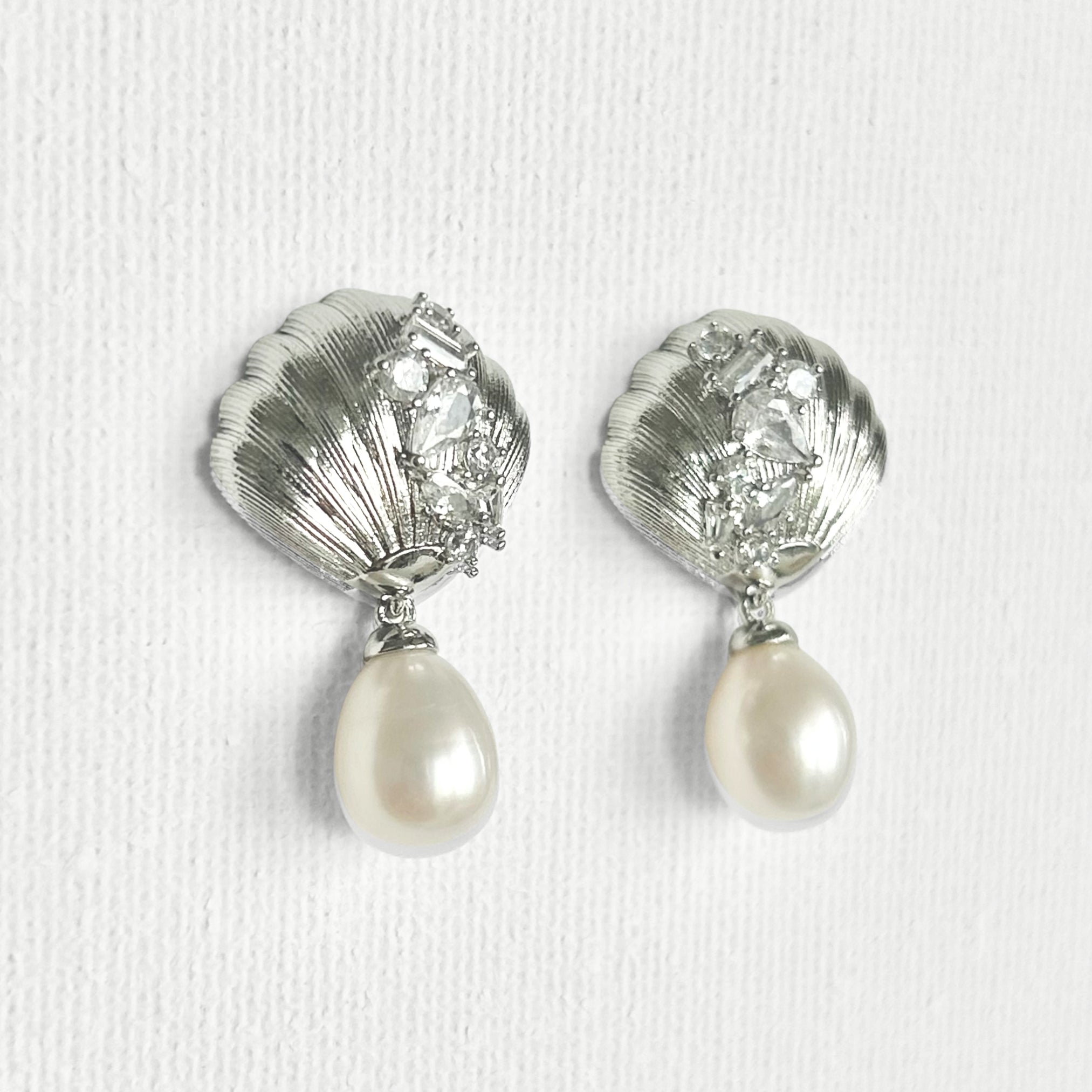 Natural Pearl Shell Square Zircon Stud Earrings featuring natural pearl, zircon and gold-plated brass, silver ear pins by Toronto-based Meng Jewellery