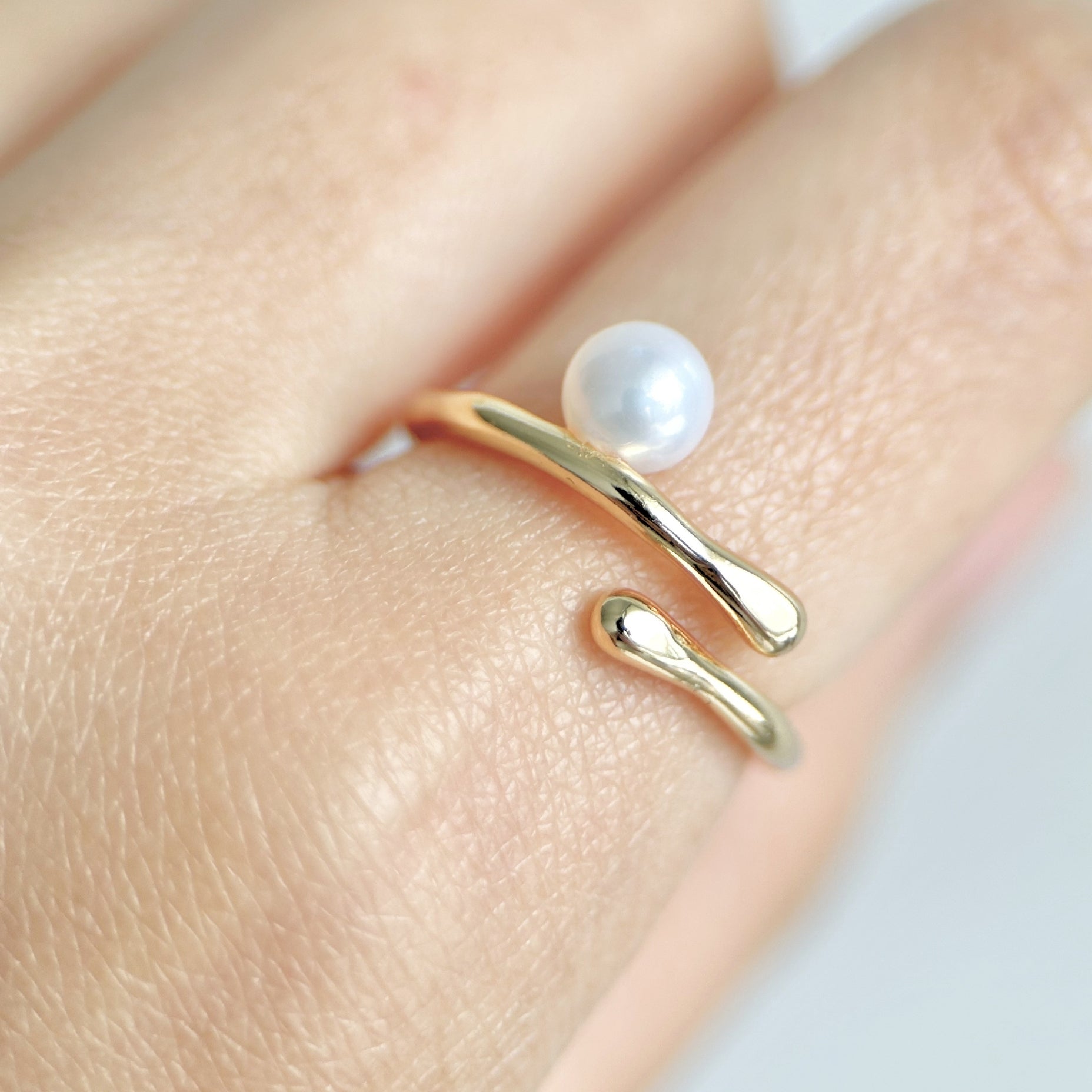 Natural Pearl Adjustable Free Size Open Ring featuring natural pearl and gold-plated brass by Toronto-based Meng Jewellery