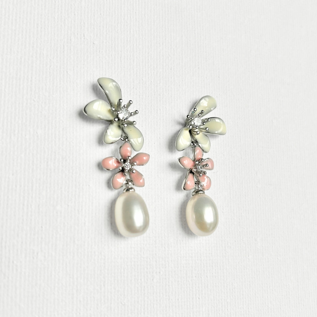 Natural Pearl Large Flower Enamel Drip Stud Earrings