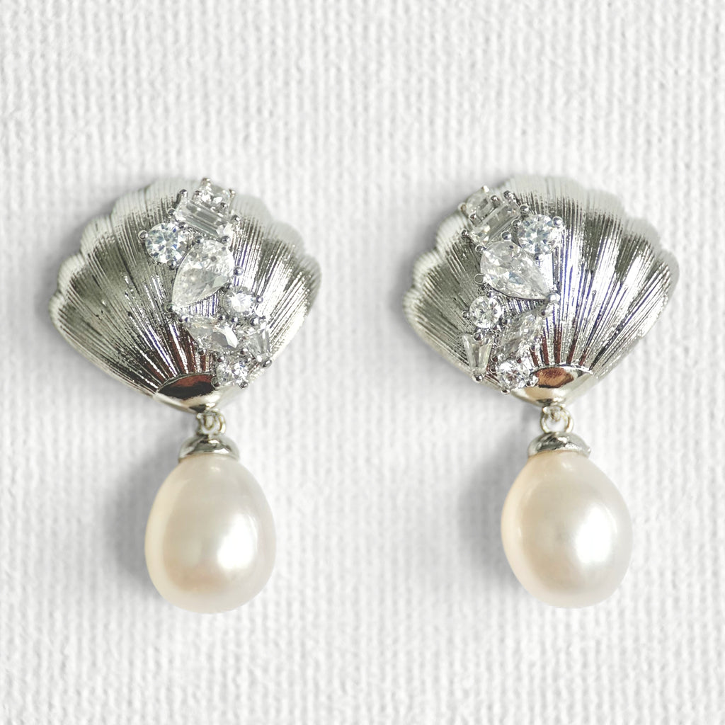 Natural Pearl Shell Square Zircon Stud Earrings featuring natural pearl, zircon and gold-plated brass, silver ear pins by Toronto-based Meng Jewellery
