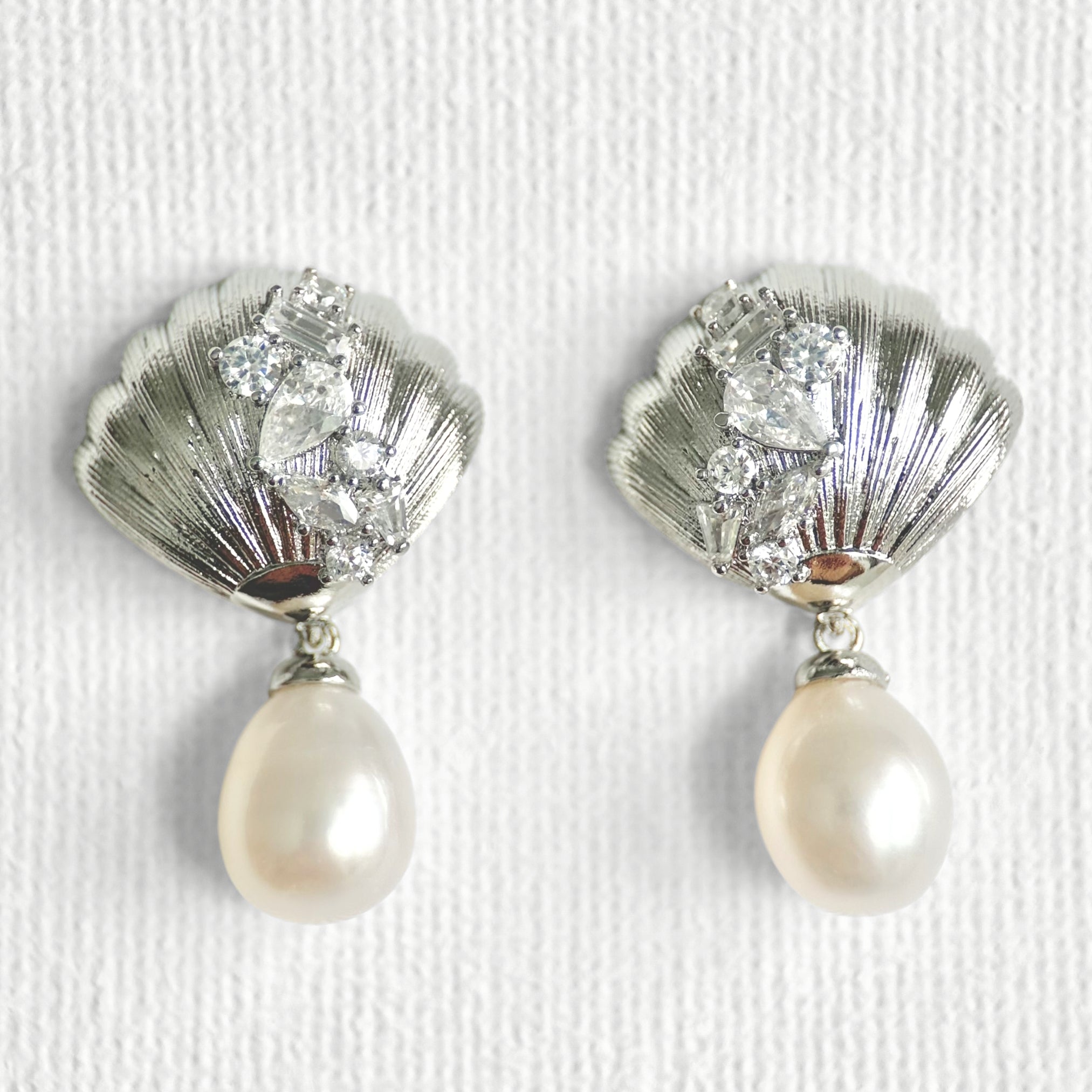 Natural Pearl Shell Square Zircon Stud Earrings featuring natural pearl, zircon and gold-plated brass, silver ear pins by Toronto-based Meng Jewellery