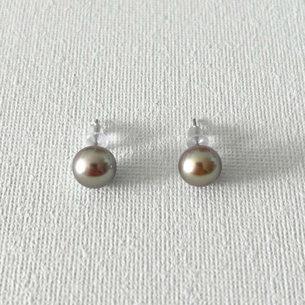 Peacock Color Oval Natural Pearl Studs in Sterling Silver featuring natural freshwater pearl and 925 sterling silver by Toronto-based Meng Jewellery