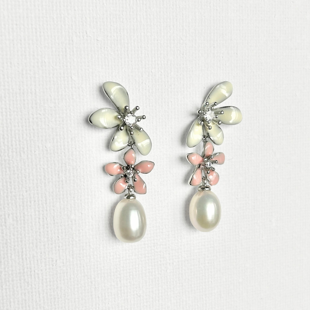 Natural Pearl Large Flower Enamel Drip Stud Earrings