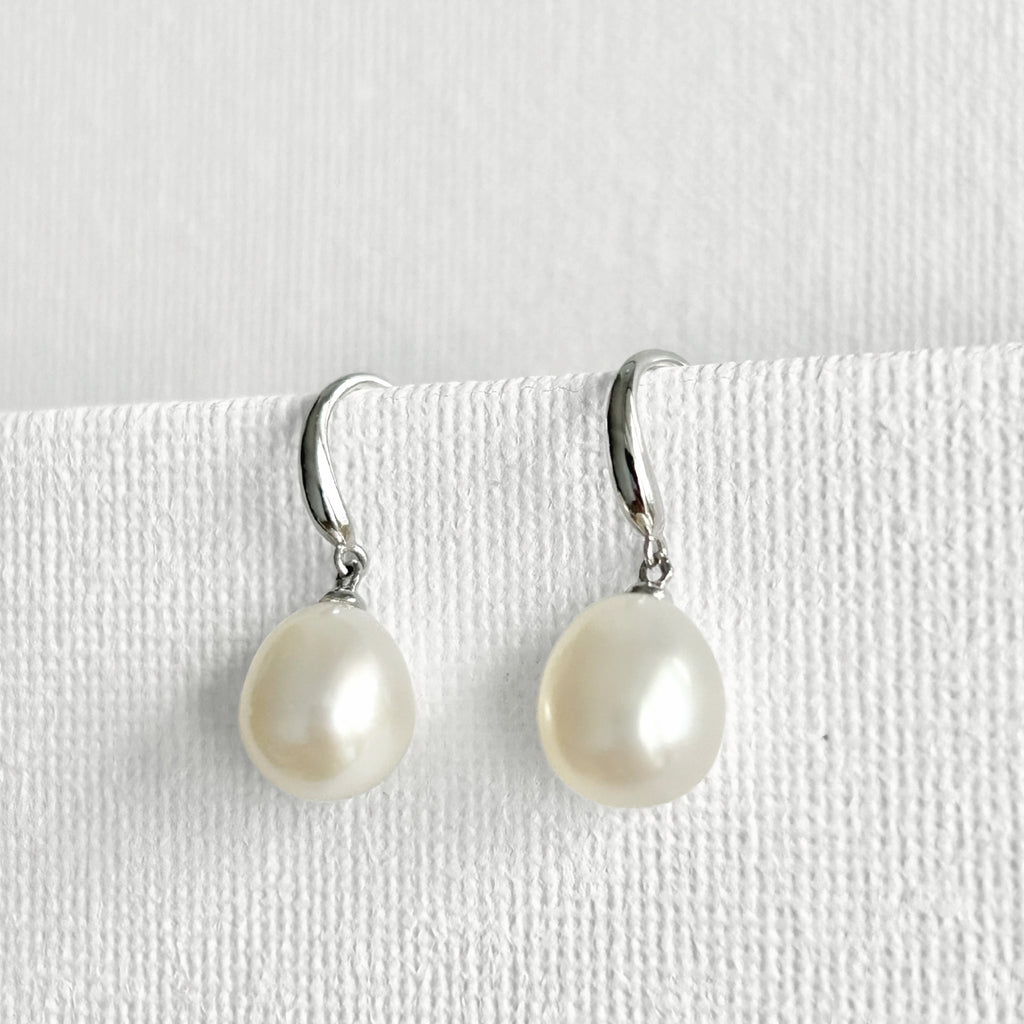 Natural Pearl Silver Hook Earrings featuring natural freshwater pearl, zircon and 925 sterling silver, gold-plated finish by Toronto-based Meng Jewellery