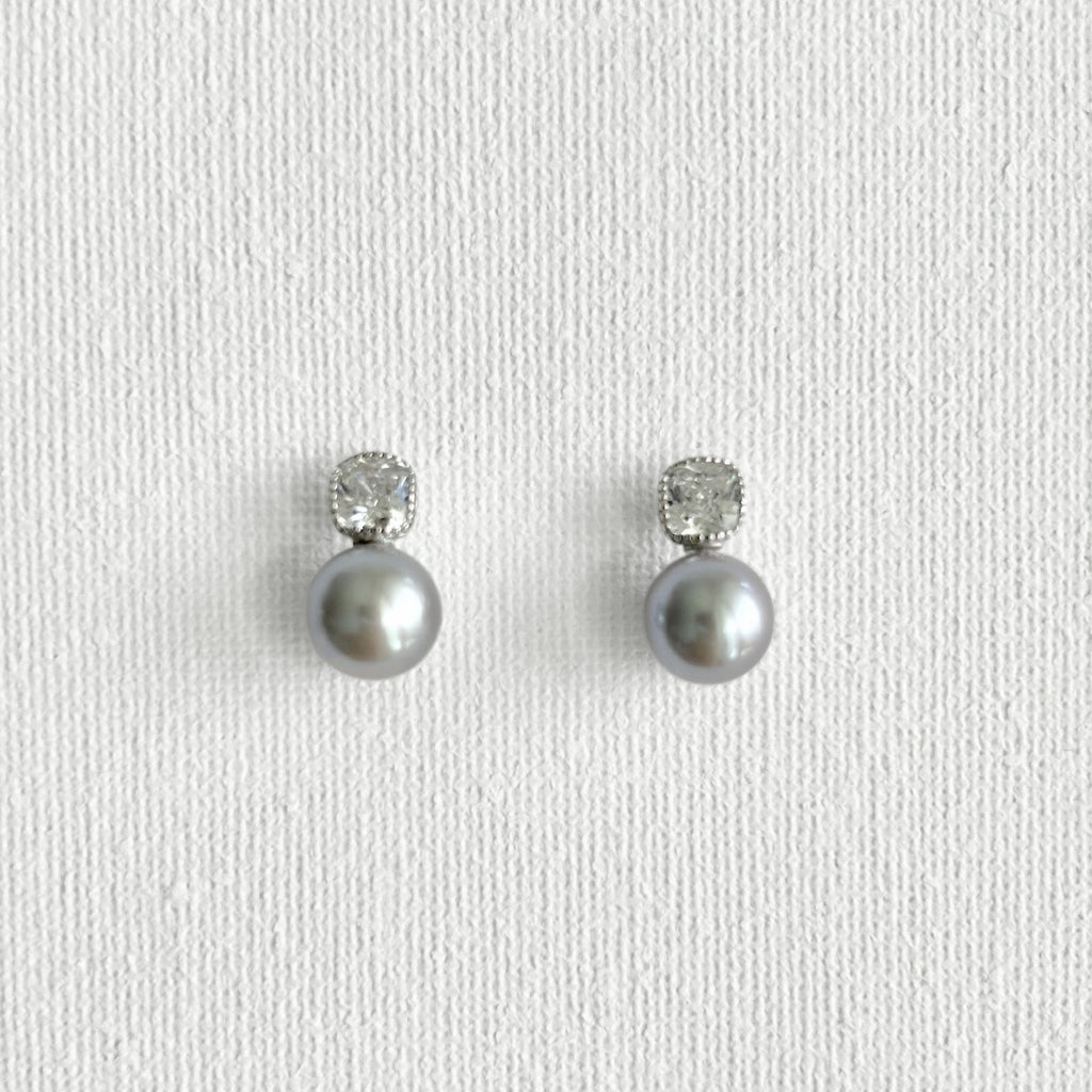 Natural Grey Pearl Shining Stud Earrings in Sterling Silver featuring natural freshwater pearl, zircon and 925 sterling silver by Toronto-based Meng Jewellery