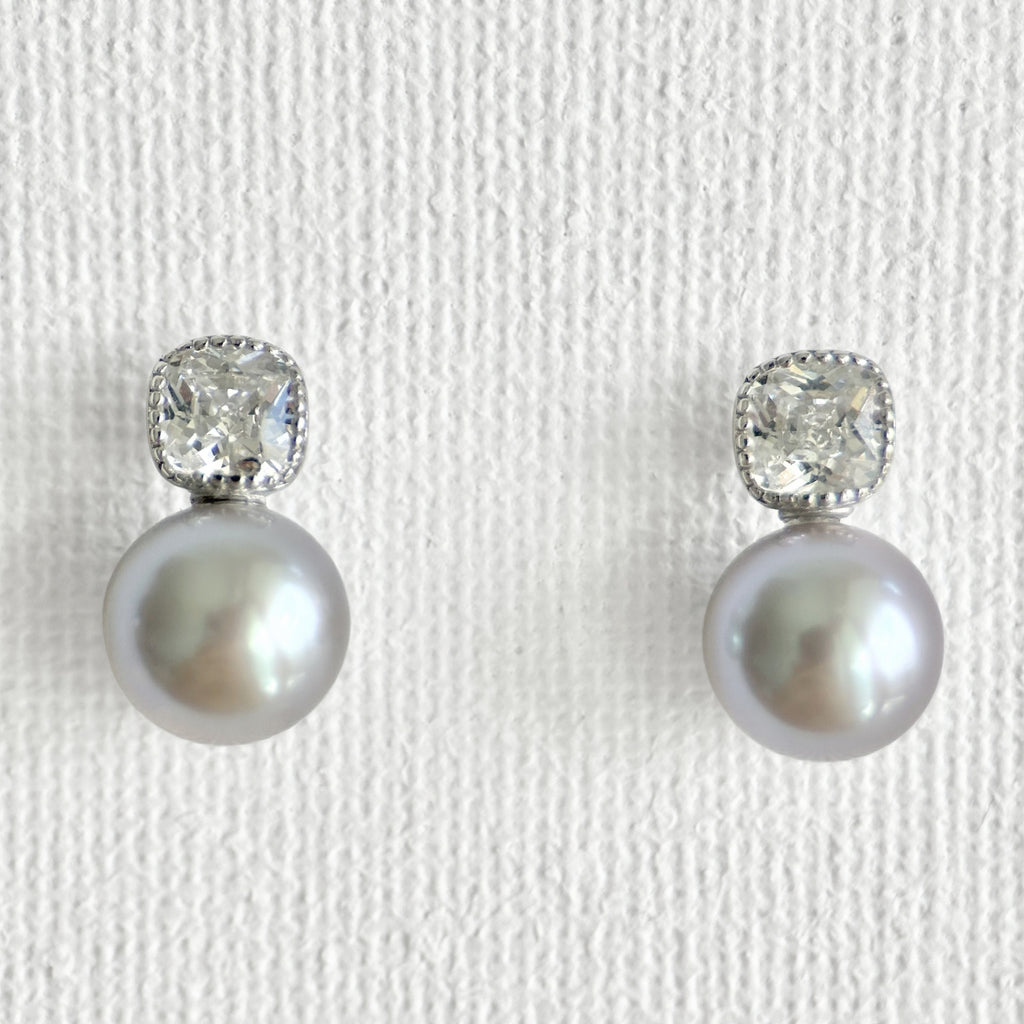 Natural Grey Pearl Shining Stud Earrings in Sterling Silver featuring natural freshwater pearl, zircon and 925 sterling silver by Toronto-based Meng Jewellery