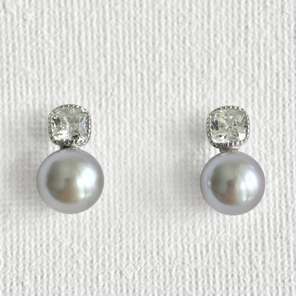 Natural Grey Pearl Shining Stud Earrings in Sterling Silver featuring natural freshwater pearl, zircon and 925 sterling silver by Toronto-based Meng Jewellery