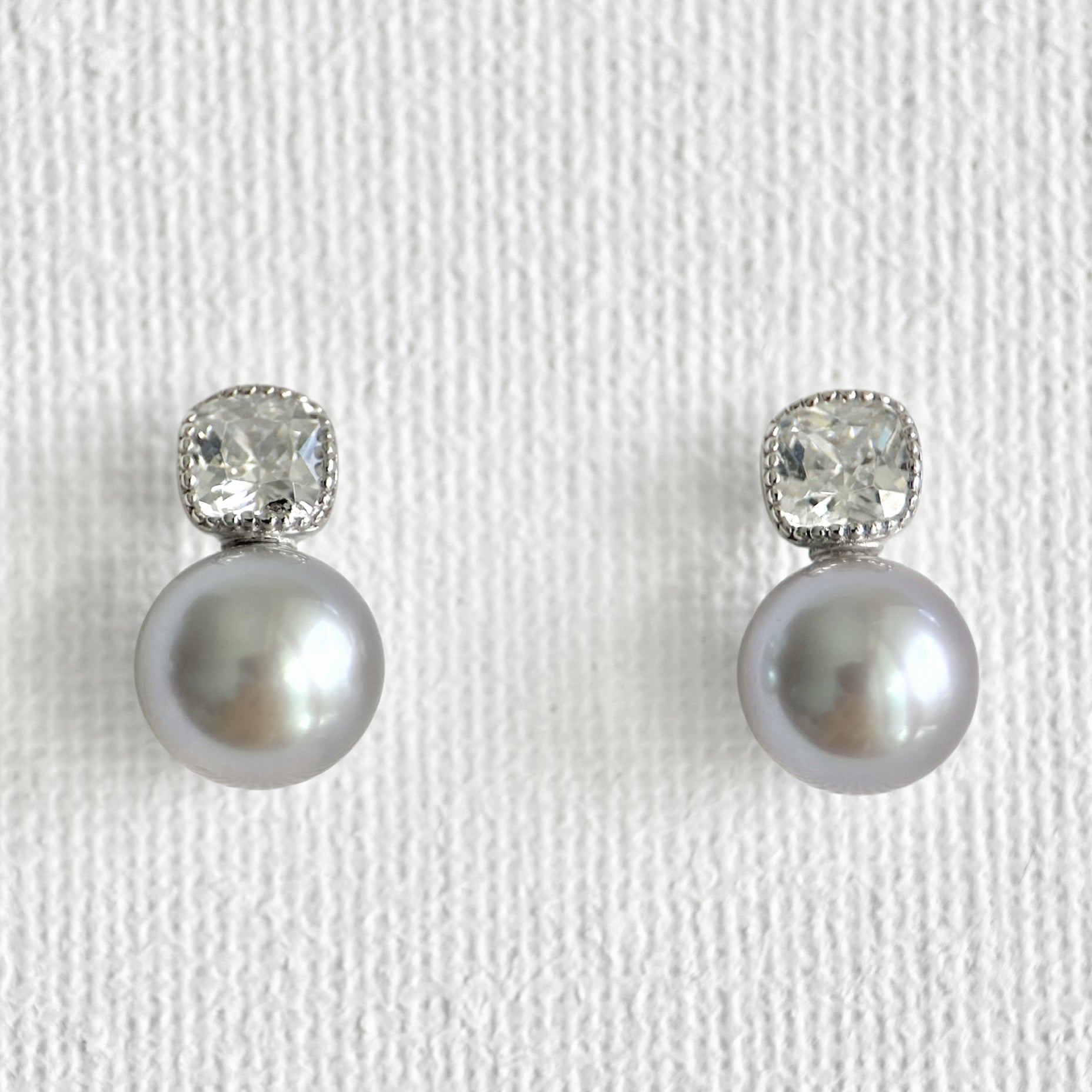 Natural Grey Pearl Shining Stud Earrings in Sterling Silver featuring natural freshwater pearl, zircon and 925 sterling silver by Toronto-based Meng Jewellery