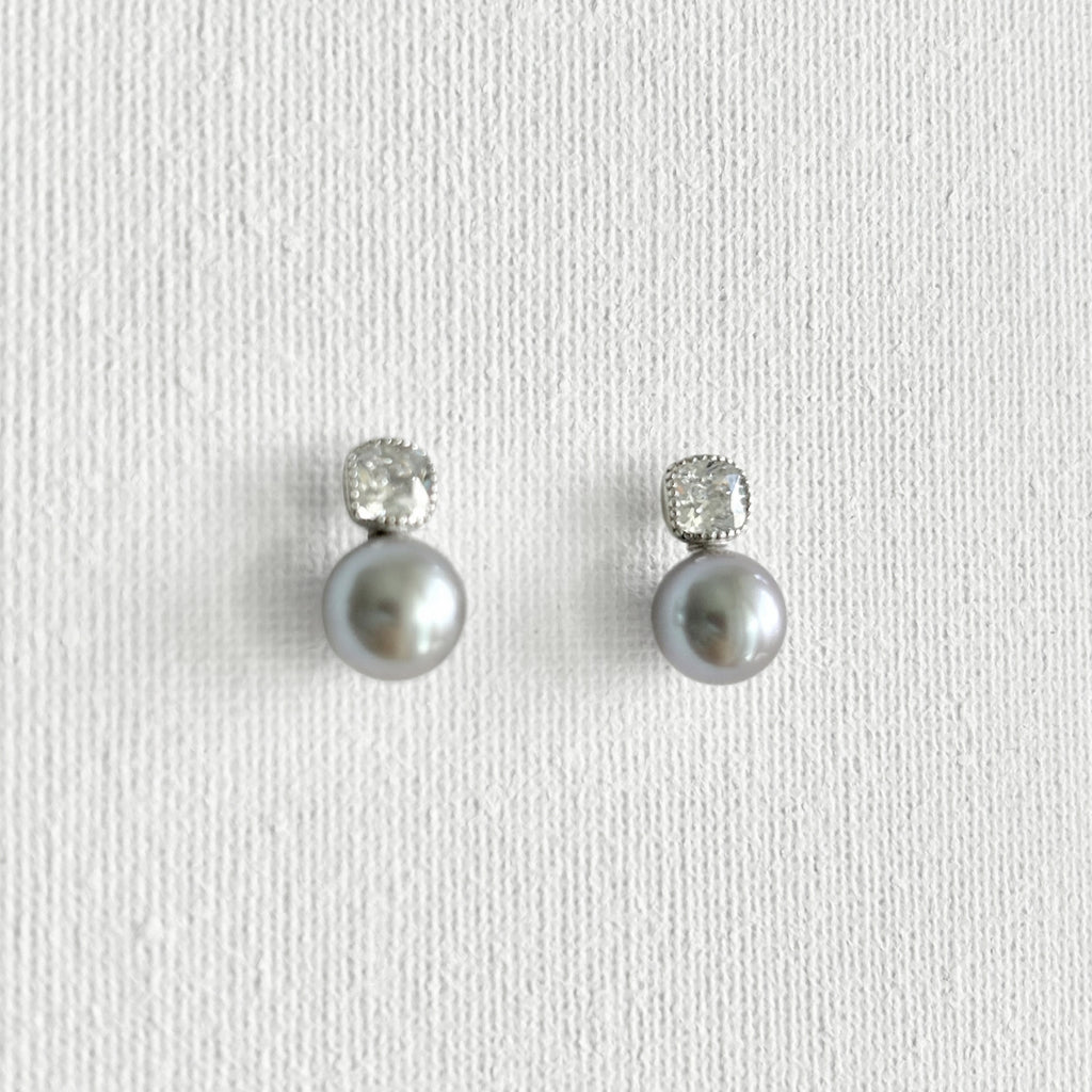 Natural Grey Pearl Shining Stud Earrings in Sterling Silver featuring natural freshwater pearl, zircon and 925 sterling silver by Toronto-based Meng Jewellery