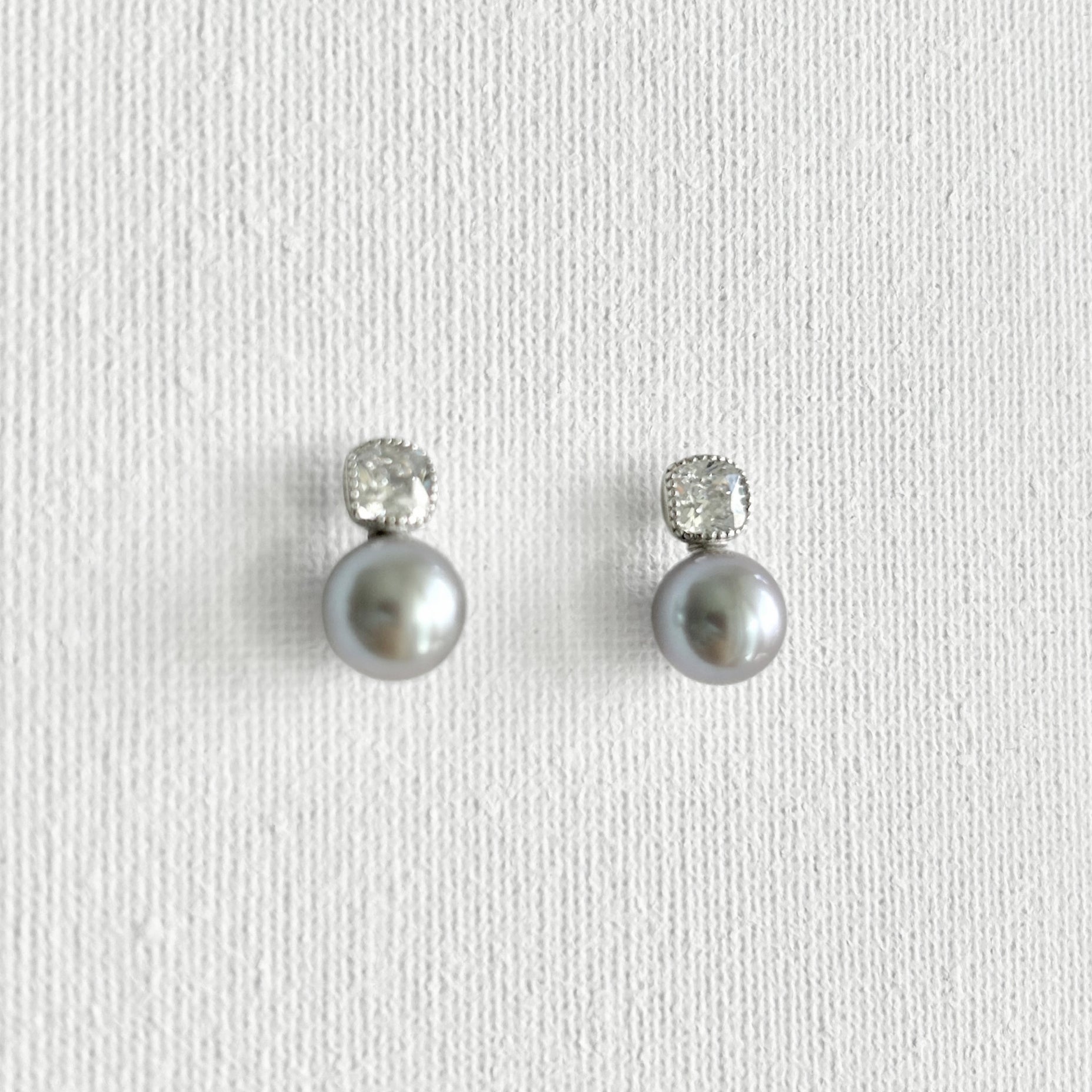 Natural Grey Pearl Shining Stud Earrings in Sterling Silver featuring natural freshwater pearl, zircon and 925 sterling silver by Toronto-based Meng Jewellery