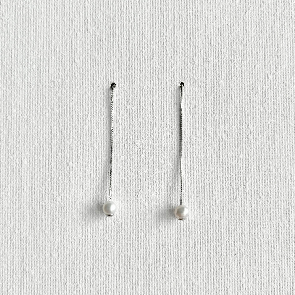 Natural White Pearl Threader Earrings in Sterling Silver featuring natural freshwater pearl and 925 sterling silver by Toronto-based Meng Jewellery