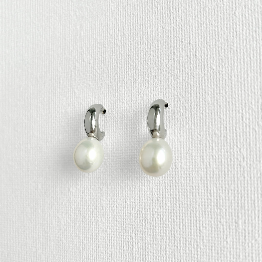 Natural Pearl Silver Moon Earrings featuring natural freshwater pearl, zircon and 925 sterling silver, gold-plated finish by Toronto-based Meng Jewellery