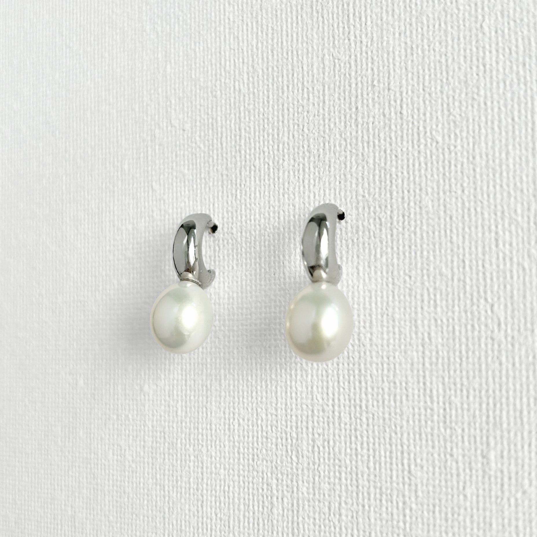 Natural Pearl Silver Moon Earrings featuring natural freshwater pearl, zircon and 925 sterling silver, gold-plated finish by Toronto-based Meng Jewellery