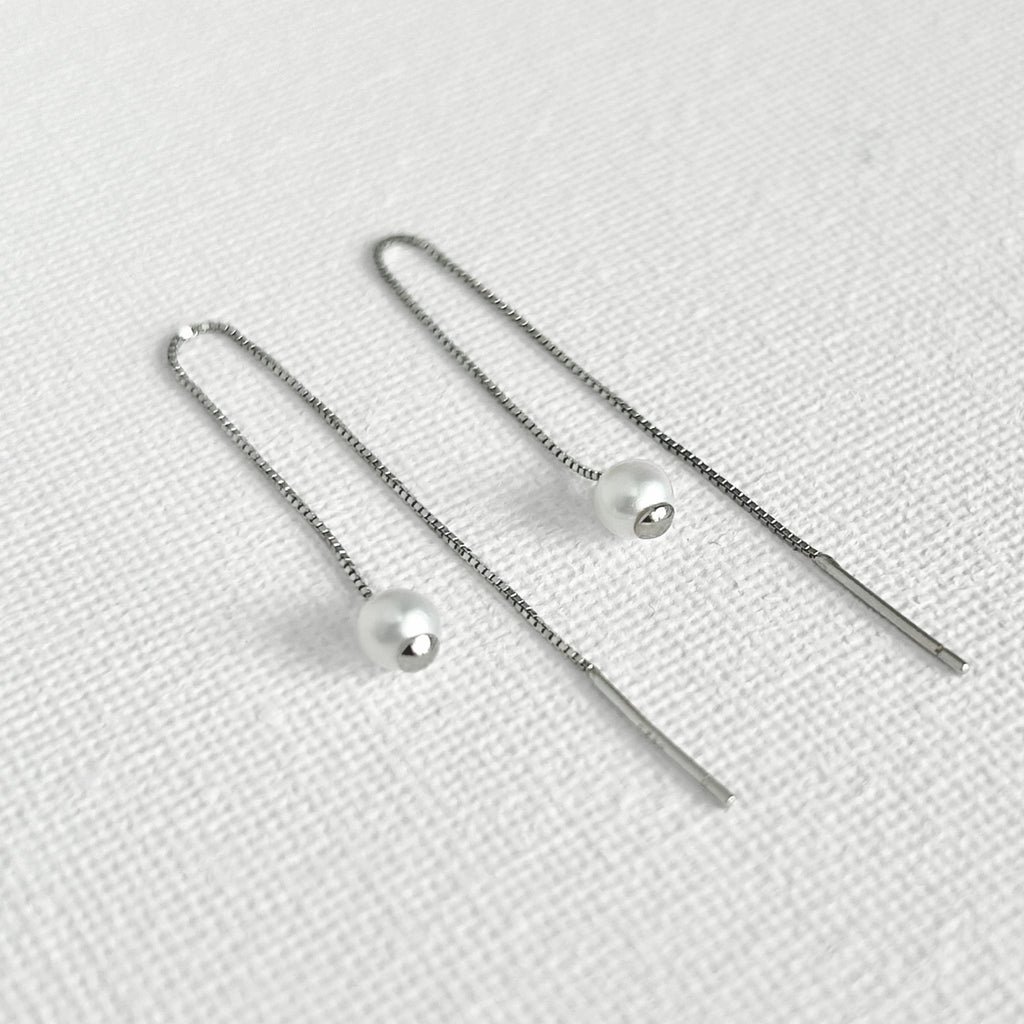 Natural White Pearl Threader Earrings in Sterling Silver featuring natural freshwater pearl and 925 sterling silver by Toronto-based Meng Jewellery
