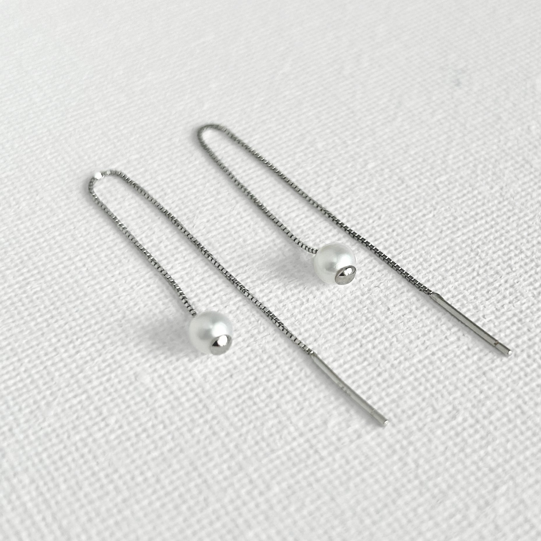 Natural White Pearl Threader Earrings in Sterling Silver featuring natural freshwater pearl and 925 sterling silver by Toronto-based Meng Jewellery