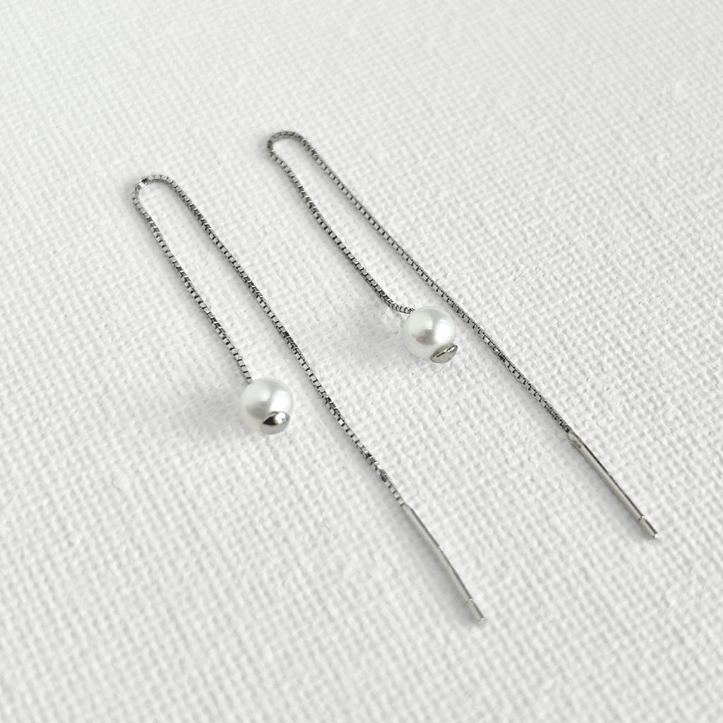 Natural White Pearl Threader Earrings in Sterling Silver featuring natural freshwater pearl and 925 sterling silver by Toronto-based Meng Jewellery