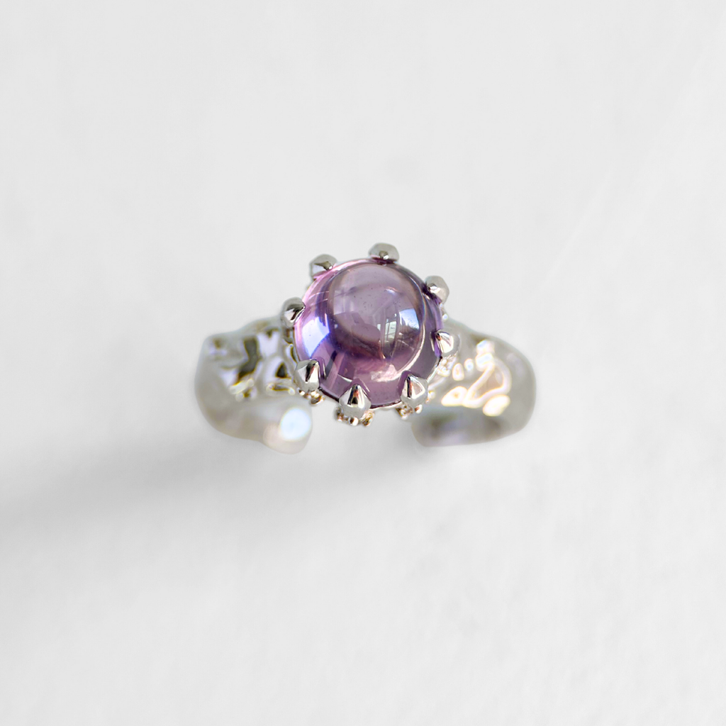 Adjustable silver ring with purple stone organic style, handmade jewelry Canada