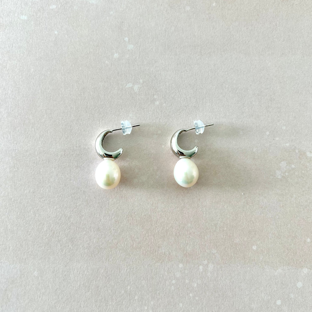 Natural Pearl Silver Moon Earrings