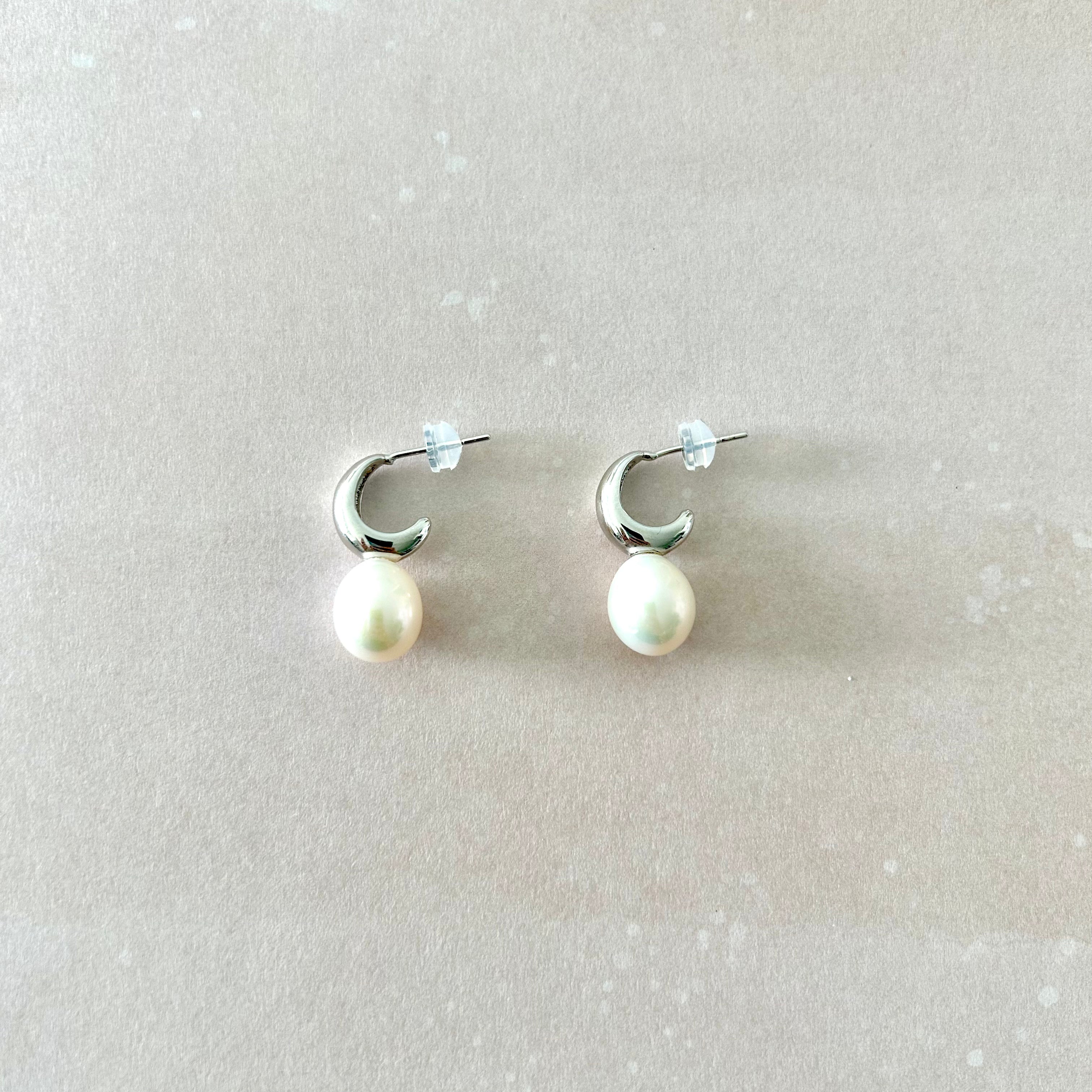 Natural Pearl Silver Moon Earrings