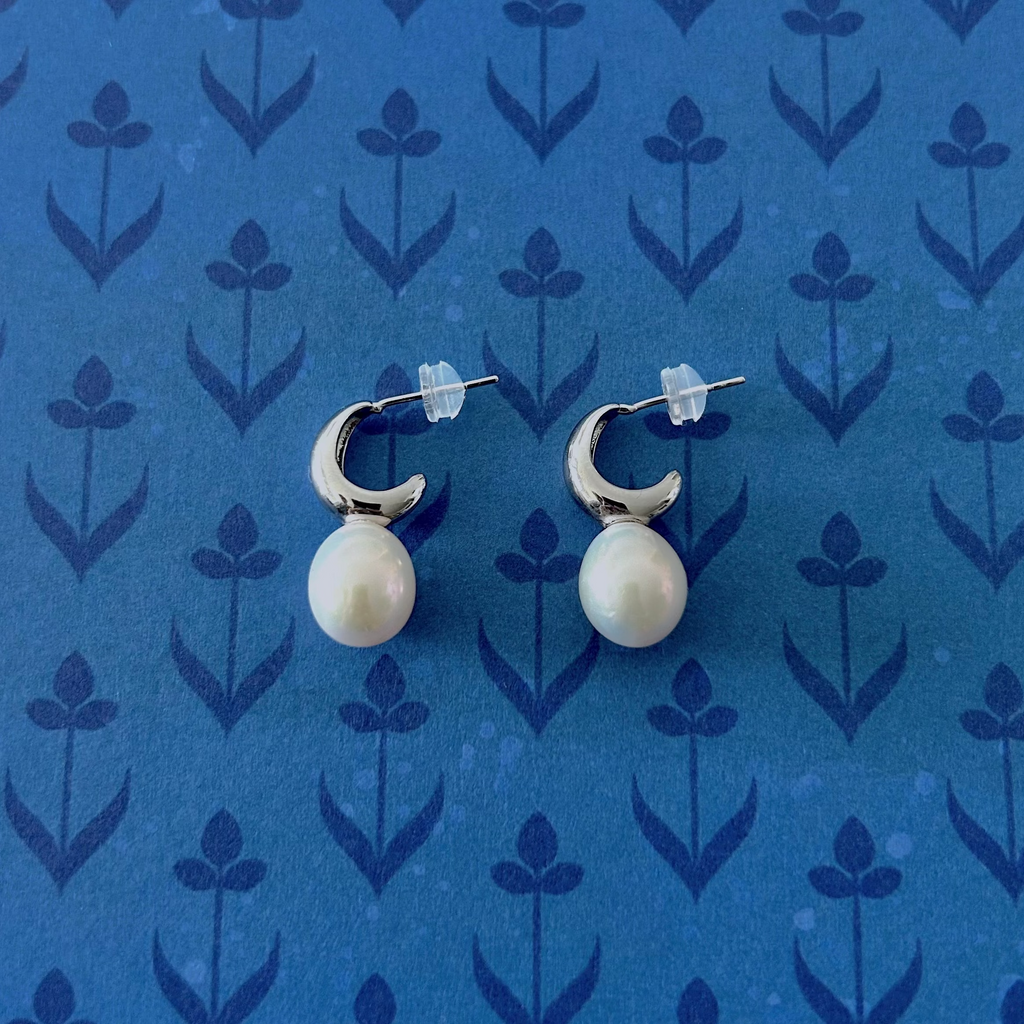 Natural Pearl Silver Moon Earrings