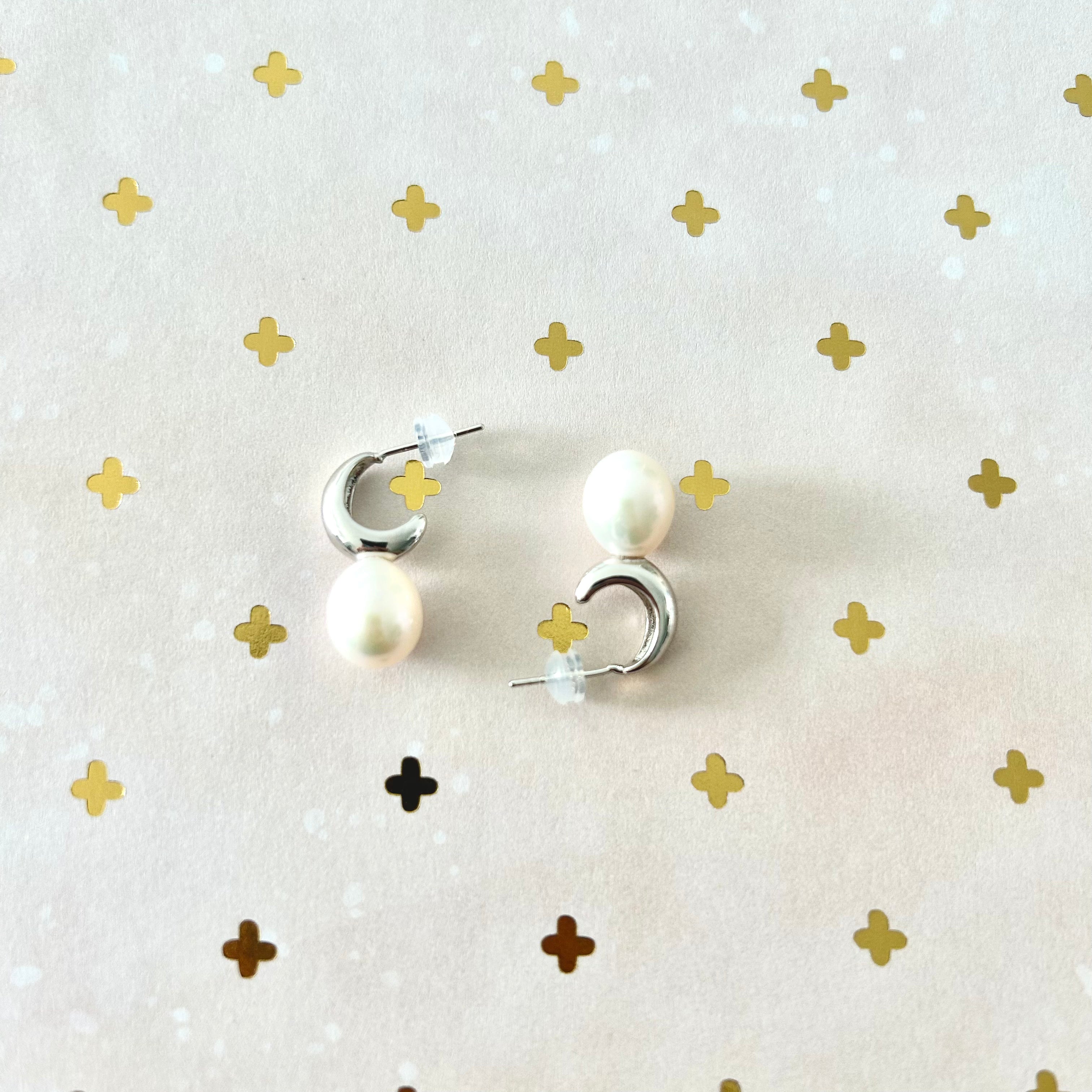 Natural Pearl Silver Moon Earrings