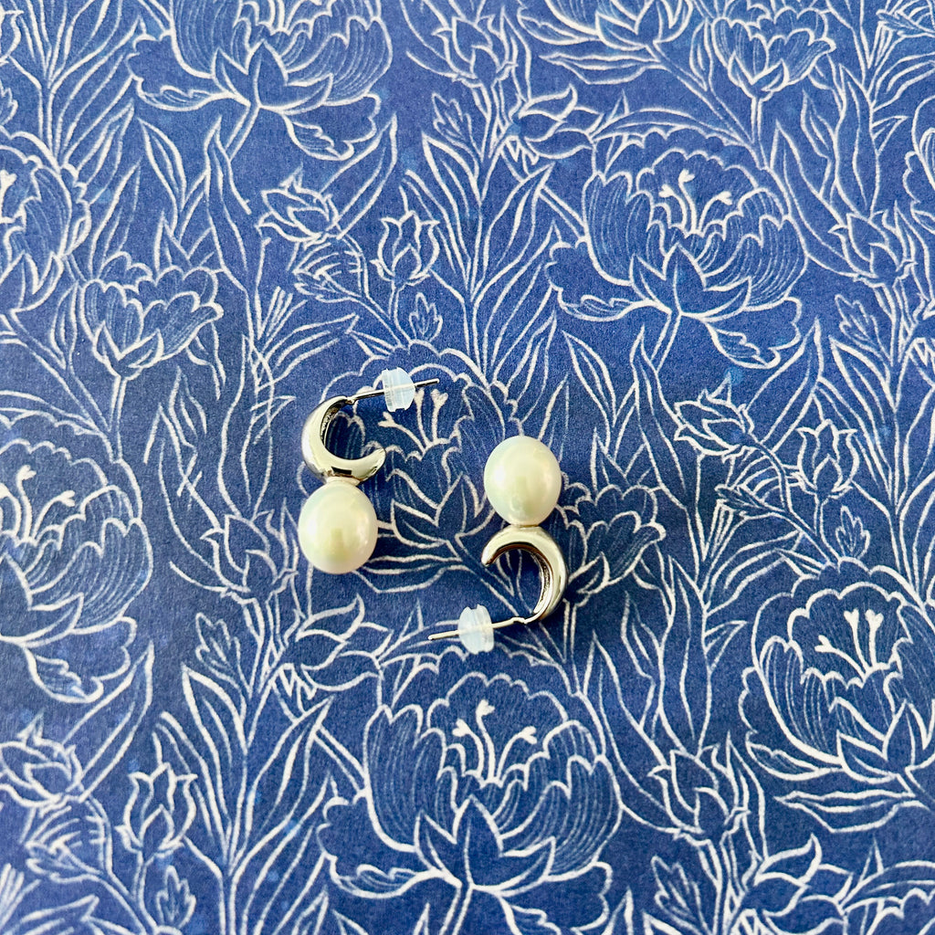 Natural Pearl Silver Moon Earrings